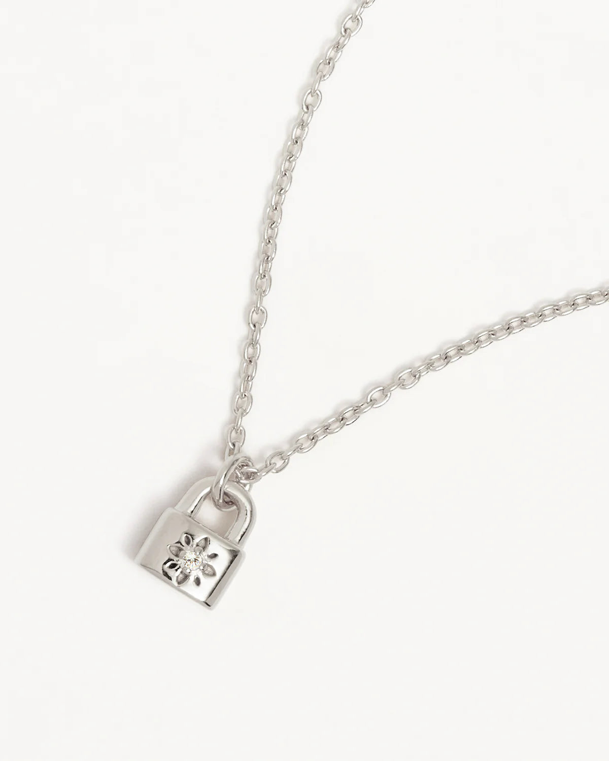 By Charlotte - Crystal Lotus Padlock Necklace - Silver