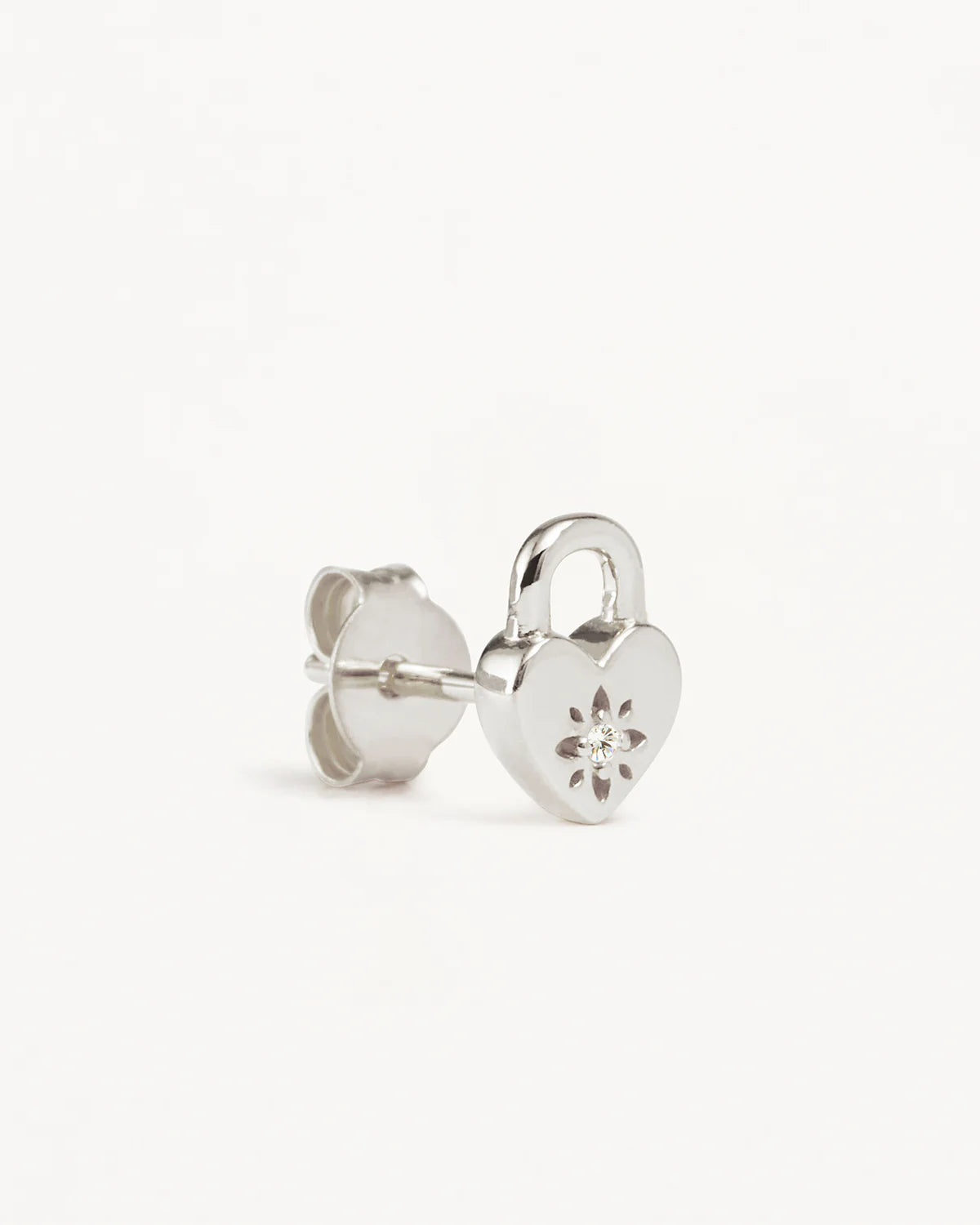 By Charlotte - Crystal Lotus Heart Padlock Earrings - Silver