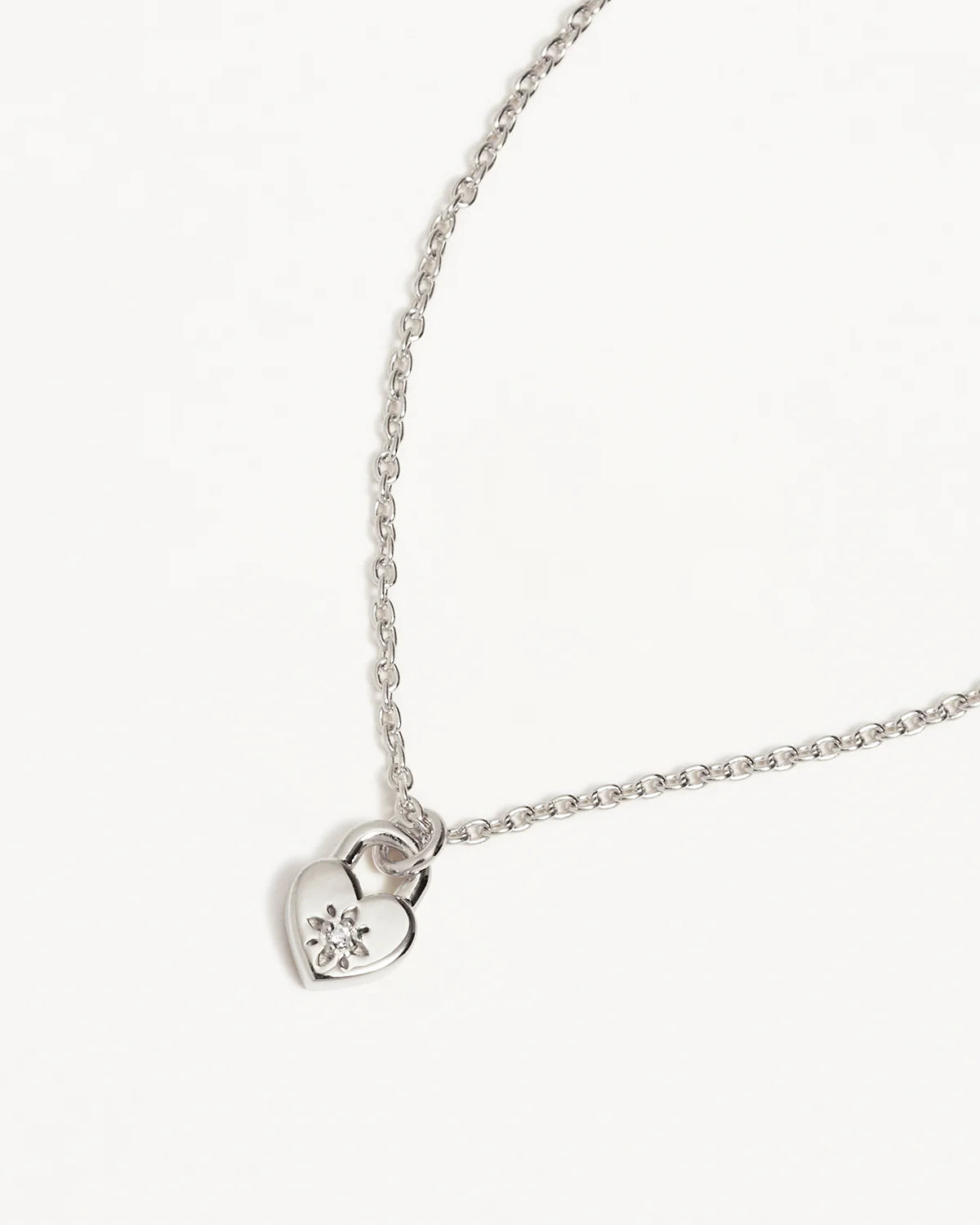 By Charlotte - Crystal Lotus Heart Padlock Necklace - Silver