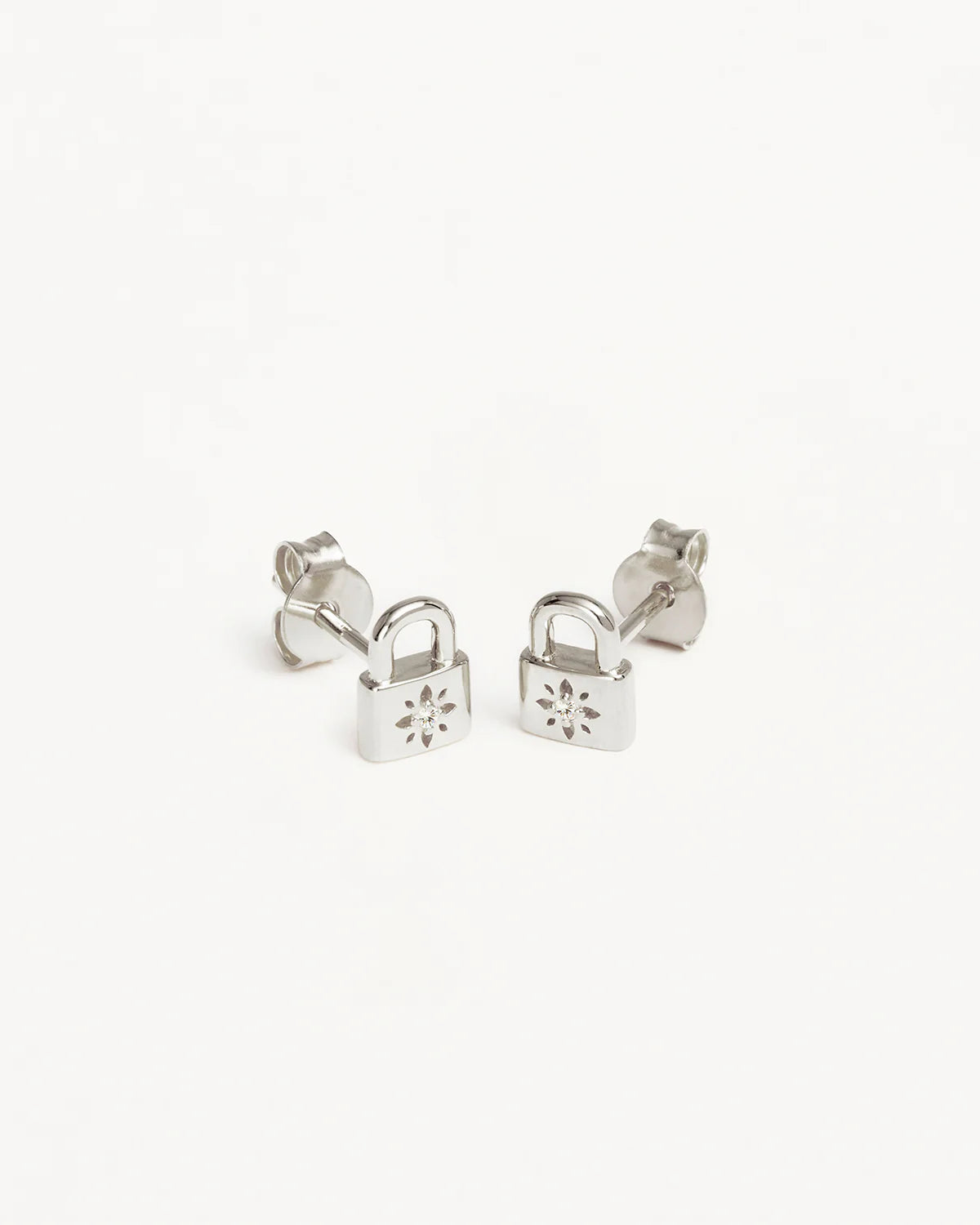 By Charlotte - Crystal Lotus Padlock Earrings - Silver