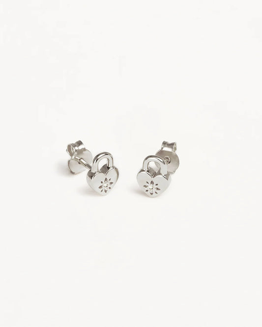 By Charlotte - Crystal Lotus Heart Padlock Earrings - Silver