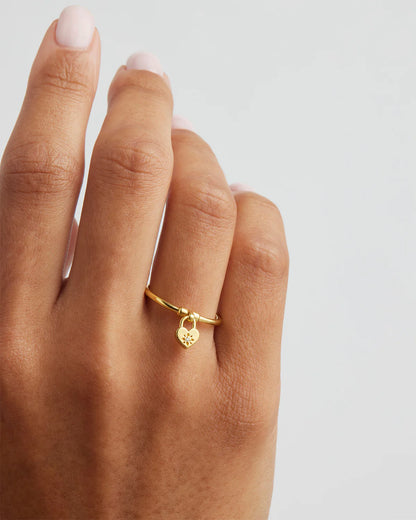By Charlotte - Crystal Lotus Heart Padlock Ring - Gold