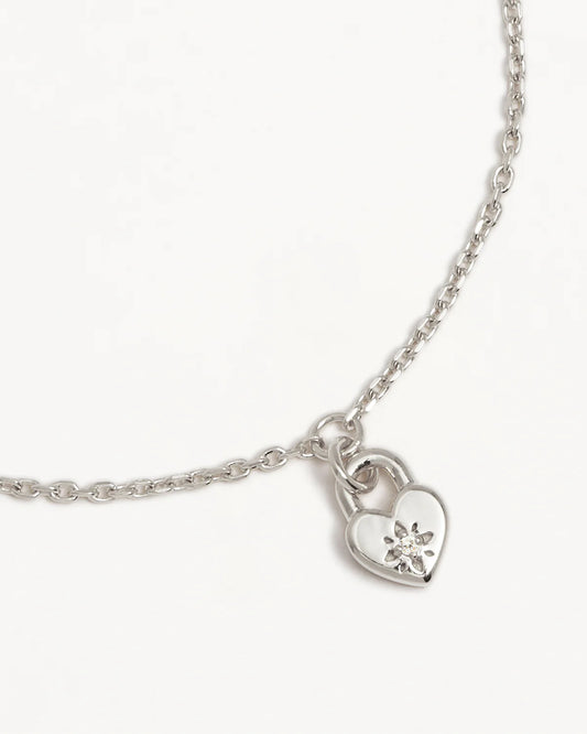 By Charlotte - Crystal Lotus Heart Padlock Bracelet - Silver