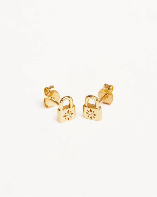By Charlotte - Crystal Lotus Padlock Earrings - Gold