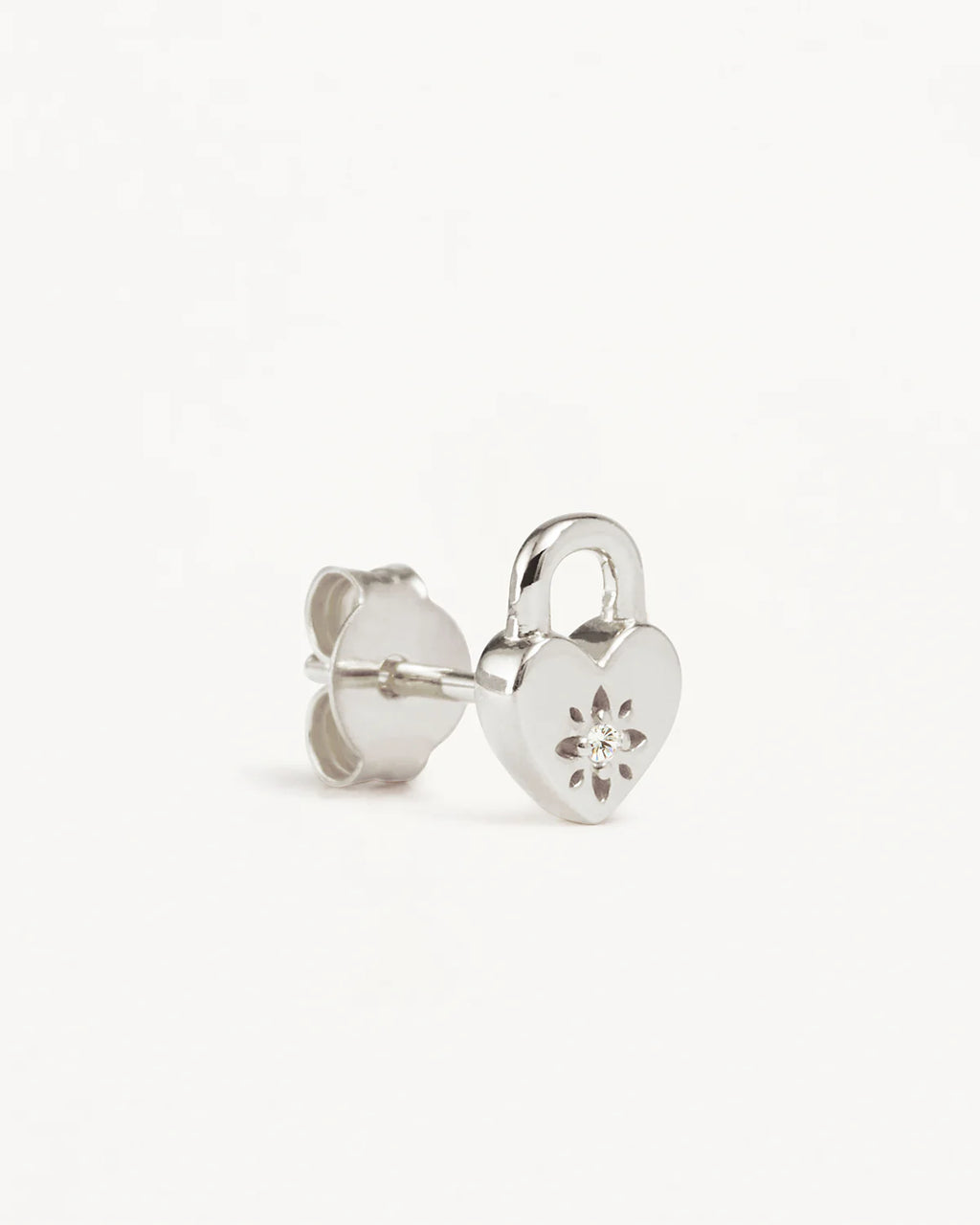By Charlotte - Crystal Lotus Heart Padlock Earrings - Silver