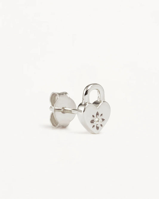 By Charlotte - Crystal Lotus Heart Padlock Earrings - Silver