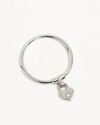 By Charlotte - Crystal Lotus Heart Padlock Ring - Silver