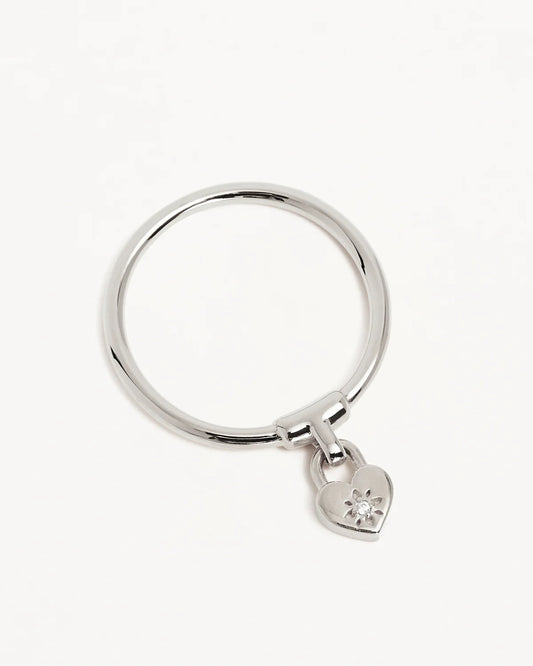 By Charlotte - Crystal Lotus Heart Padlock Ring - Silver