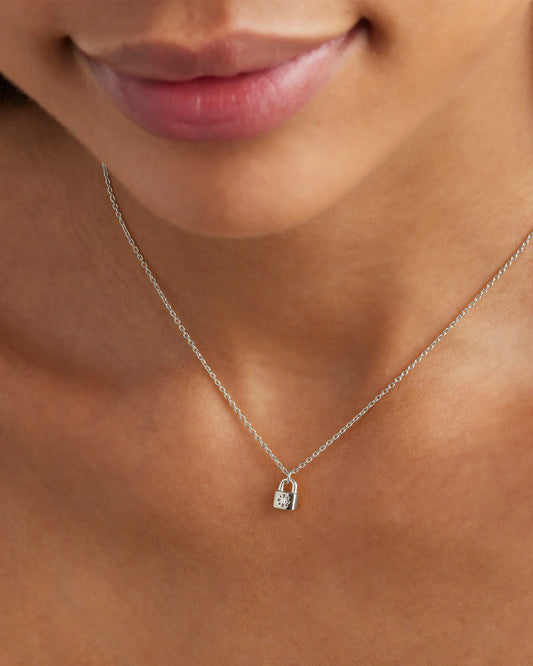 By Charlotte - Crystal Lotus Padlock Necklace - Silver