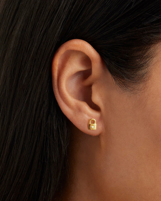 By Charlotte - Crystal Lotus Padlock Earrings - Gold