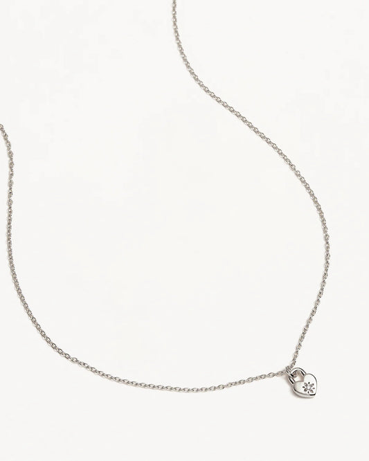 By Charlotte - Crystal Lotus Heart Padlock Necklace - Silver