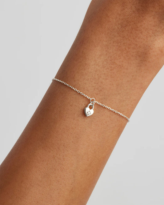 By Charlotte - Crystal Lotus Heart Padlock Bracelet - Silver