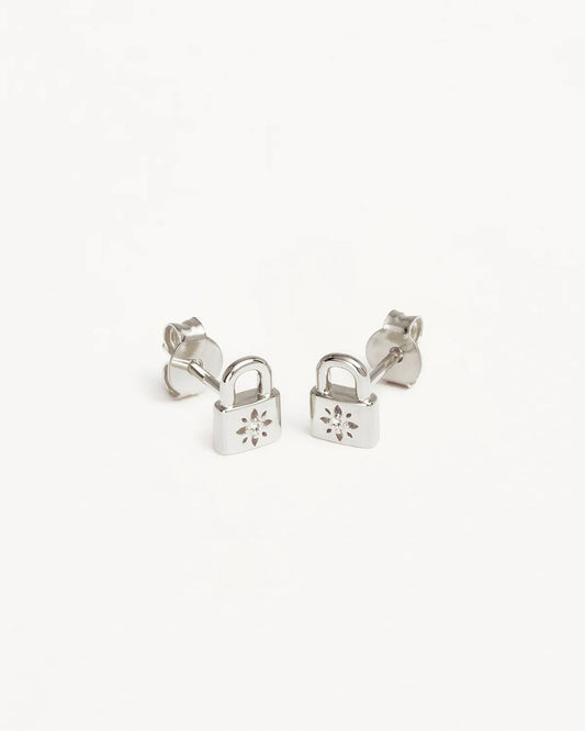 By Charlotte - Crystal Lotus Padlock Earrings - Silver