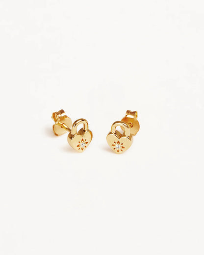 By Charlotte - Crystal Lotus Heart Padlock Earrings - Gold