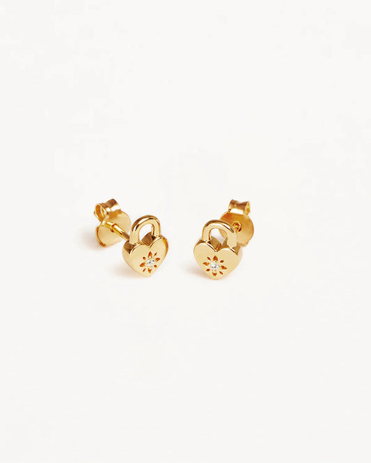 By Charlotte - Crystal Lotus Heart Padlock Earrings - Gold