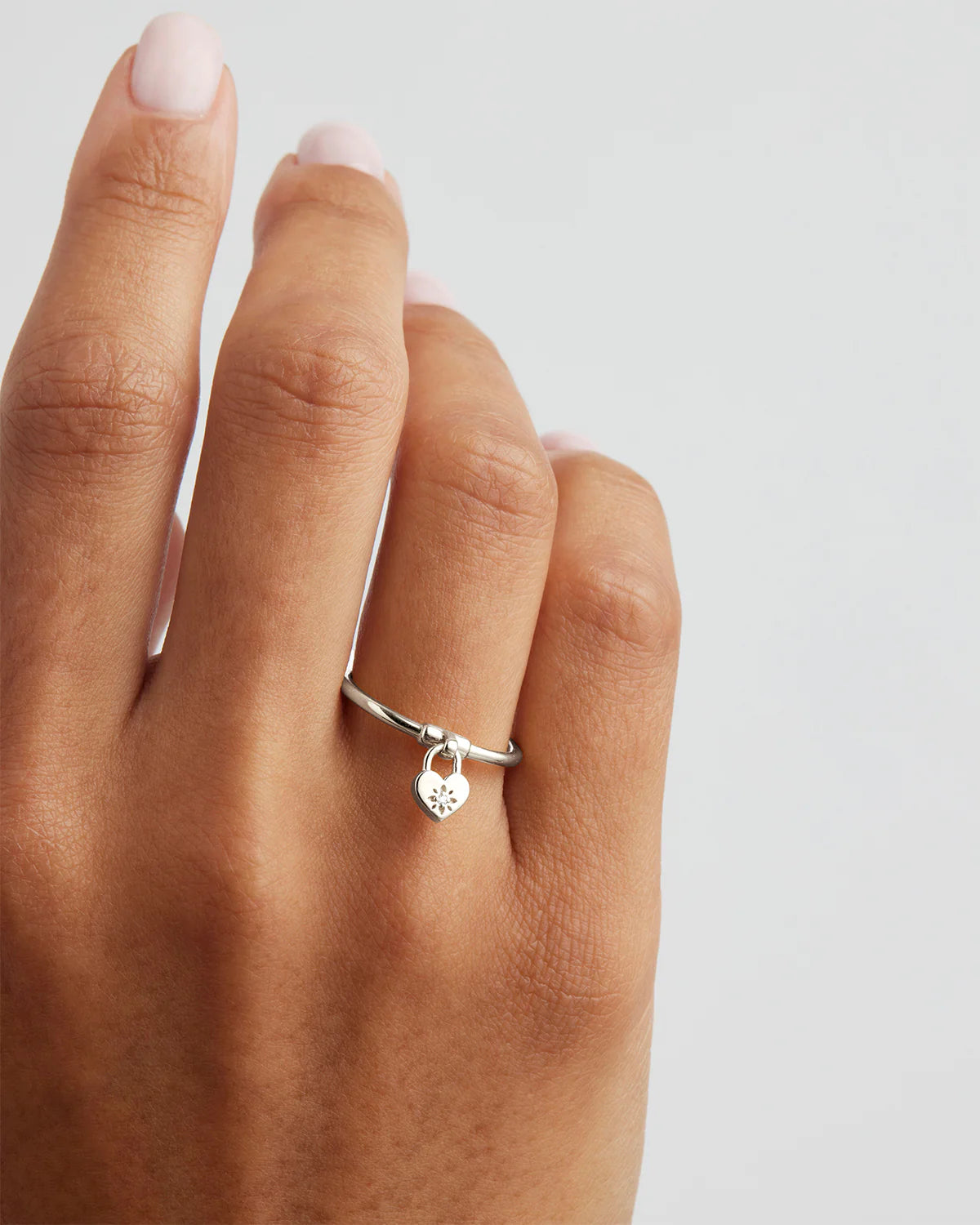 By Charlotte - Crystal Lotus Heart Padlock Ring - Silver