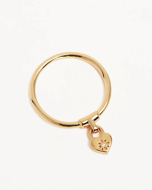 By Charlotte - Crystal Lotus Heart Padlock Ring - Gold